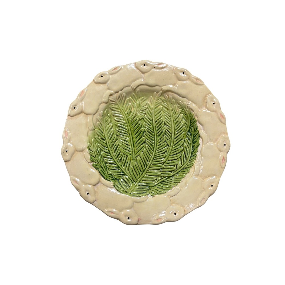 Handmade Ceramic Bunny Rabbit Fern Decorative Plate Cream Green Easter Decor 9"